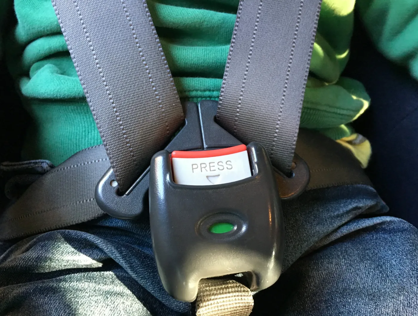 Multi-point harness with shoulder and lap straps converging on a central buckle with a press release