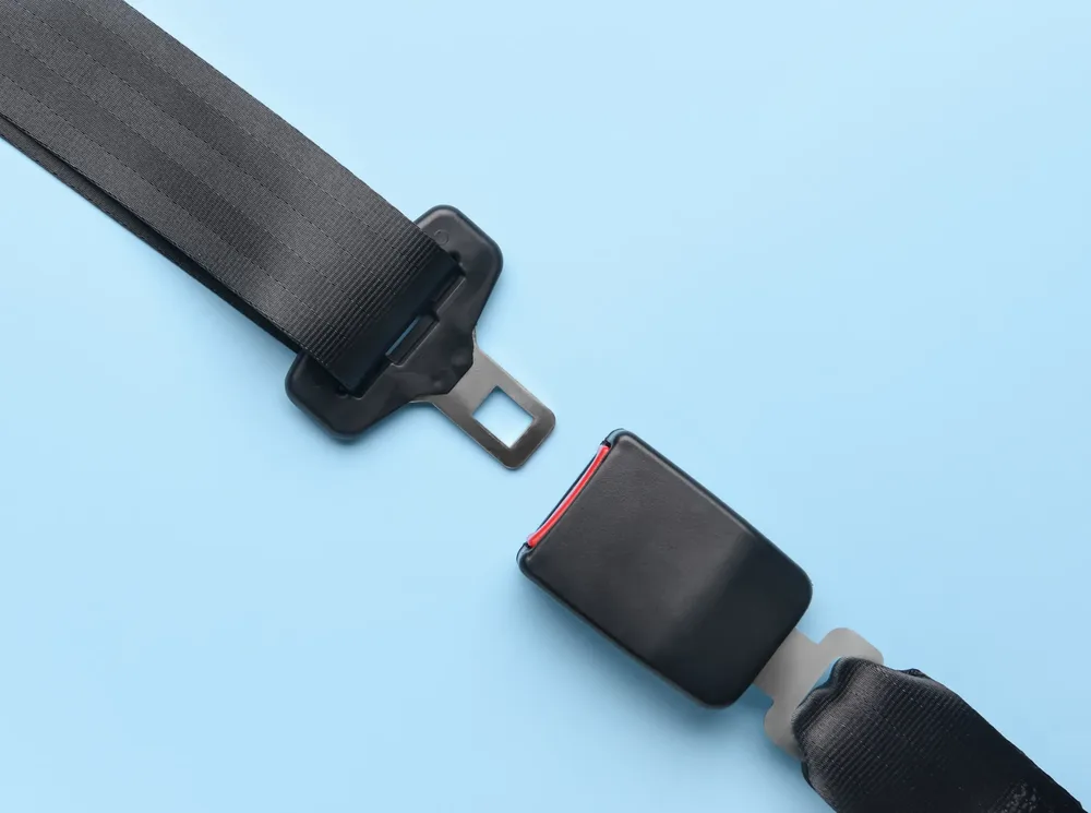 Seat belt tongue plate and buckle laid out separately on a light background